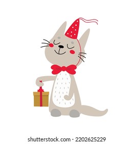 Cute cat in birthday hat with present box. Happy kitten with gift on the party. Funny cartoon pet, hand drawn vector illustration for kids, isolated. Flat design. Idea for print on card, poster etc.  