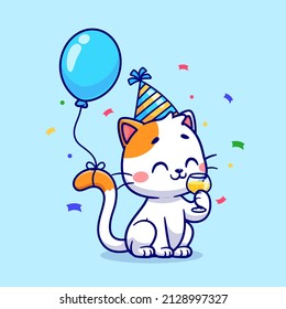 Cute Cat Birthday Party With Balloon Cartoon Vector Icon Illustration. Animal Holiday Icon Concept Isolated Premium Vector. Flat Cartoon Style