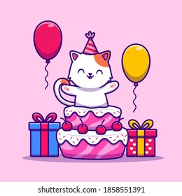 Fiesta De Cumpleaños Del Gato Con Pastel, Regalo Y Ilustración Del Vector De Caricaturas De Globo. Vector Premium Aislado con Concepto De Icono De Cumpleaños Animal. Estilo de dibujo plano