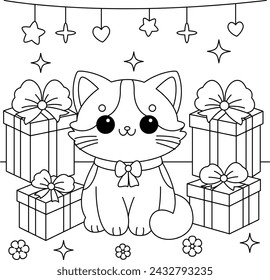 Cute cat in the birthday party coloring page