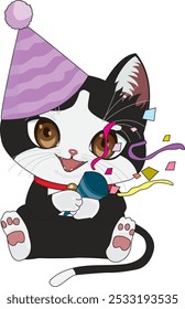 Cute cat birthday party with confetti vector