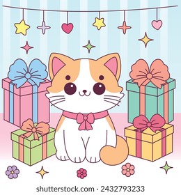 Cute cat in the birthday party illustration