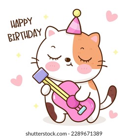 Cute cat birthday playing guitar. Series: Kawaii animals kitten isolated on white background (Character cartoon) Holiday activities. Perfect make a wish for baby t shirt fairy tale book, celebration.