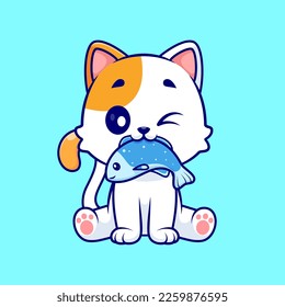 Cute Cat Bite Fish Cartoon Vector Icon Illustration. Animal Nature Icon Concept Isolated Premium Vector. Flat Cartoon Style