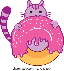 Cute cat bite pink donut. Cartoon animal character with glazed bakery. Vector illustration.