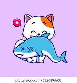 Cute Cat Bite Shark Fish Cartoon Vector Icon Illustration. Animal Nature Icon Concept Isolated Premium Vector. Flat Cartoon Style