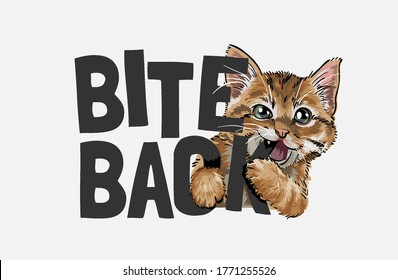 cute cat biting bite back slogan illustration