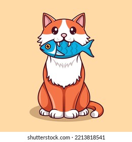 Cute cat biting fish. Cartoon illustration of cute cat stealing fish with innocent face.
