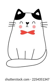 Cute cat with black ears contemporary line art element. Vector illustration