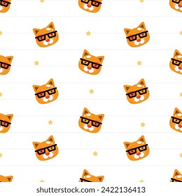 Cute cat with Black Glasses Seamless Pattern.A fun and playful seamless pattern with cute cat wearing black glasses on a white background.