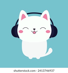 Cute cat in black headphones earphones. Kitten listen to music with closed eyes, pink tongue, ears, tail. Cartoon kawaii funny baby pet character. Happy face head. Flat design. Blue background. Vector