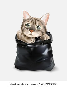 lindo gato en la ilustración de una bolsa de basura negra