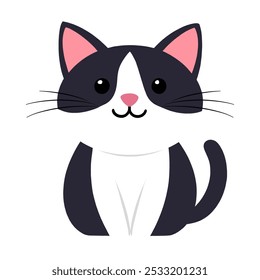 Un gato lindo blanco y negro aislado sobre fondo blanco, ilustración de diseño plano.