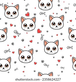 Cute cat black and white on white background.Seamless texture with funny, cute cats