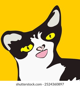 Cute cat, black and white on yellow background. Vector illustration. Use as background. Cute pet.