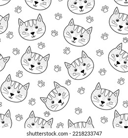 Cute cat black and white seamless pattern. Coloring page background in cartoon style with funny feline character. Vector illustration