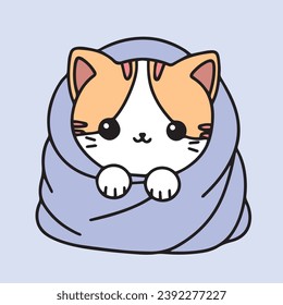 Cute cat in blanket colored outline. Doodle cozy kitty wrapped in blanket isolated on background. Hand drawn vector art.