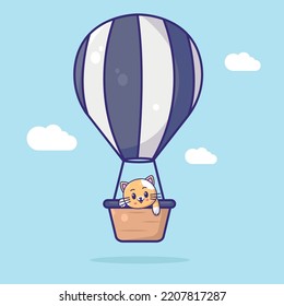 cute cat with the blimp. cartoon vector icon illustration