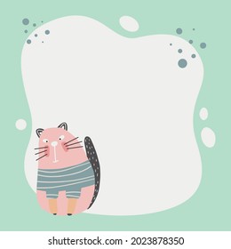 Cute cat with a blot frame in simple cartoon hand-drawn style. Template for your text or photo. Ideal for cards, invitations, party, kindergarten, preschool and children