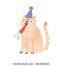 Cute cat blow in festive whistle vector flat illustration. Funny domestic animal in cone hat celebrating birthday or holiday isolated on white. Childish pet for celebration party or congratulation