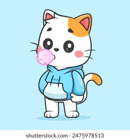 Cute Cat Blowing Gum With Hoodie Cartoon Vector Icon Illustration. Animal Fashion Icon Concept Isolated Premium Vector. Flat Cartoon Style
