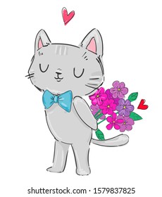 Cute cat and blue bow with a bouquet of flowers. Valentine's Day. Vector stock illustration. Pink Heart.