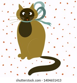 Cute cat with blue bow.Card with cartoon thai cat.Baby design for birthday invitation or baby shower, poster, clothing, nursery wall art and postcard. 
