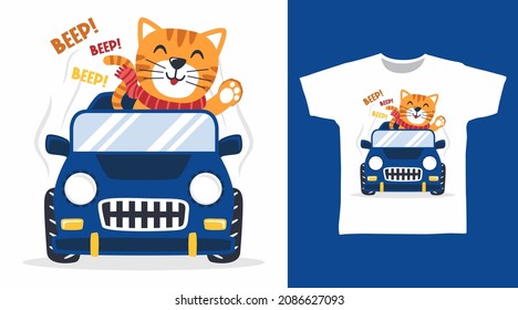 Cute Cat And Blue Car Tee Design Concept