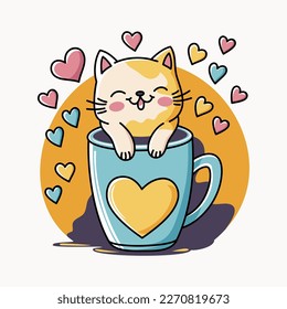 Cute cat with a blue cup of coffee and hearts around. Vector illustration