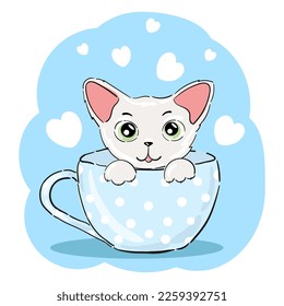 Cute cat in blue cup. Funny kitty. Happy kitten sitting in blue mug, meow lettering. Cartoon sweet pet, hand drawn vector illustration isolated on white. Flat design