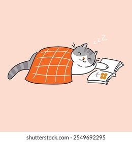 Cute cat with book sleeps under a plaid. Vector illustration dreaming cat. Relax concept. Card design or print for t-shirt.