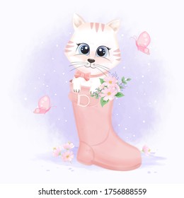 Cute cat in boot shoe and butterflies, hand drawn cartoon animal illustration