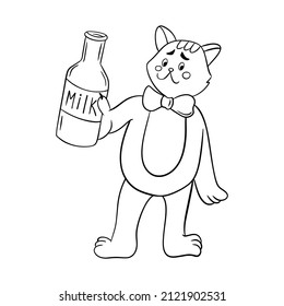 Cute cat with a bottle of milk. Linear illustration, the cat is drawn with a black outline. Children's coloring book
