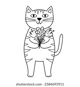 Cute cat with a bouquet of flowers black and white print. Happy feline character with for Valentine's Day and Love coloring page. Vector illustration