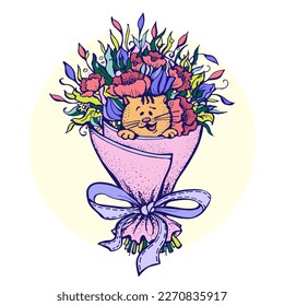 Cute cat in bouquet of flowers with bow for holiday of spring or birthday or March 8