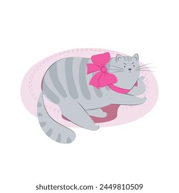 Cute cat with a bow. Displeased domestic cat on a pillow. Cat behavior, body language and face expressions.  Flat vector illustration of a pet