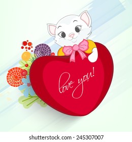 Cute cat in bow holding red heart with text Love You on flowers decorated blue background for Happy Valentines Day celebration. 