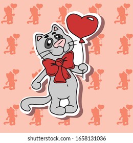 Cute cat with a bow on his neck and a heart ball in his paw sticker .Vector design for a holiday, banners and postcards.