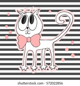 cute cat with bow on striped background vector illustration.