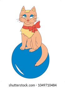 Cute cat with a bow sits on a ball