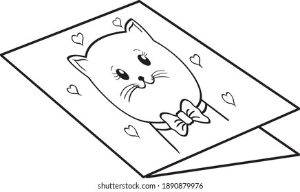 Cute cat with a bow. valentines day card. vector black and white illustration. 