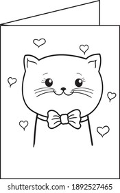 Cute cat with a bow. valentines day card. vector black and white illustration. 