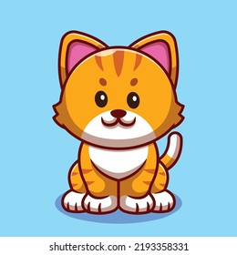 Cute cat with cat bowl cartoon icon illustration.