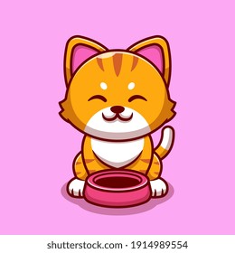 Cute Cat With Cat Bowl Cartoon Vector Icon Illustration. Animal Nature Icon Concept Isolated Premium Vector. Flat Cartoon Style