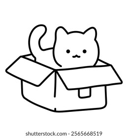 Cute cat in a box. Black and white illustration, hand drawn coloring.