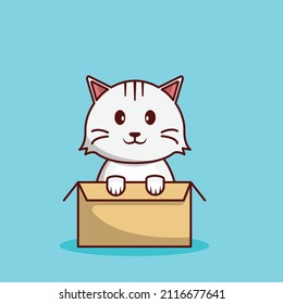 Cute Cat in Box Cartoon Illustration, Baby Animal, Kitten, Flat Style Vector Suitable for Web, Banner, Card, Greeting, Children, Book, Poster