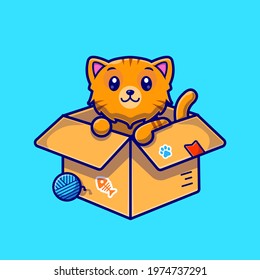 Cute Cat In Box Cartoon Vector Icon Illustration. Animal Nature Icon Concept Isolated Premium Vector. Flat Cartoon Style