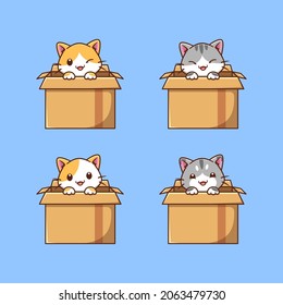 cute cat in box cartoon vector icon illustration