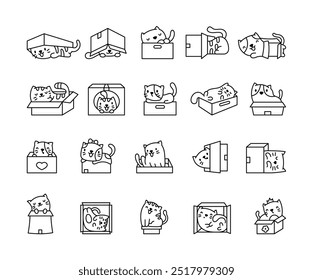 Cute cat in a box. Coloring Page. Funny cartoon character poses. Hand drawn style. Vector drawing. Collection of design elements.