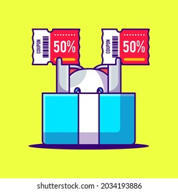 Cute Cat in a Box with Discount Coupon Cartoon Illustration. Animal and Flash sale Flat cartoon Style Concept